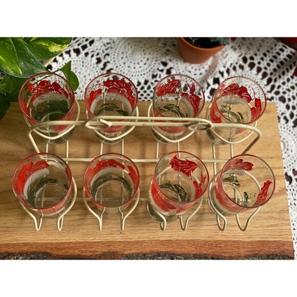 Hazel atlas Hawaiian hibiscus drinking glasses with caddy - 8 glasses - Picture 4 of 4